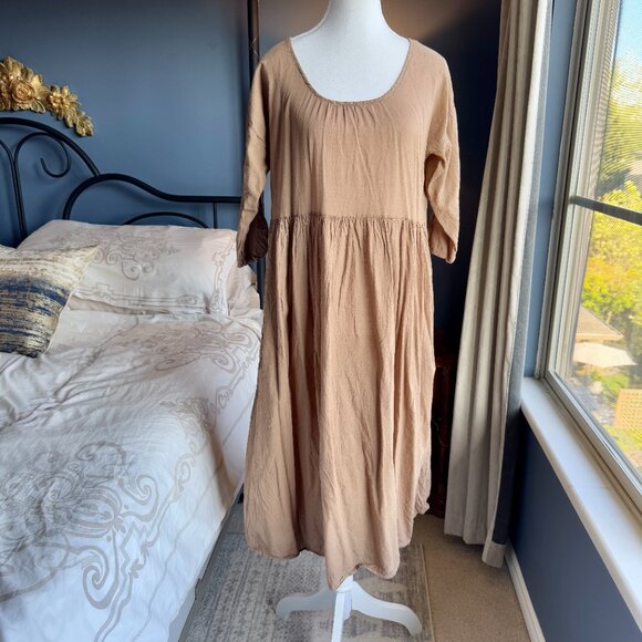 100% Cotton French Peasant Cottagecore Tan Dress - Picture 2 of 11